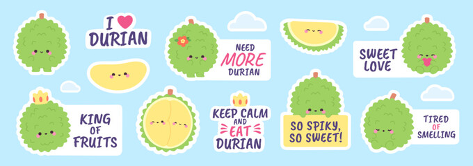 Durian fruit characters. Funny positive stickers with exotic raw food and text. King of fruits, asian vegan plant ingredient. Plant based dessert, racy vector banners