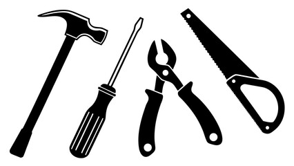 Tool Silhouette Set: A selection of essential tools, meticulously arranged in a dynamic composition. Each tool, rendered in stark silhouette, highlights their form and purpose.