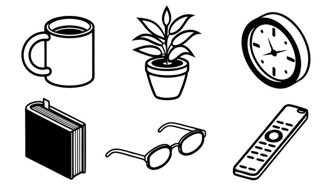 Workspace Essentials: A collection of simple line art drawings depicting everyday workspace items, including a coffee mug, potted plant, clock, book, glasses, and remote control.