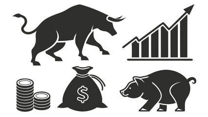 Stock Market Metaphors: A set of iconic illustrations that represent the dynamic world of finance, depicting both bullish and bearish market trends along with the concepts of wealth and growth.
