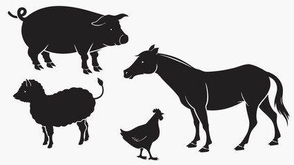 Farm Animals Silhouette Collection: A collection of silhouette images showcasing four diverse farm animals: a pig, a sheep, a chicken, and a horse, artfully depicted in monochrome.
