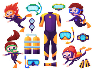 Fototapeta premium Children scuba diving. Girl boy divers and equipment. Underwater swimming elements, suit, oxygen balloons, masks and goggles. Swim kids nowaday vector characters