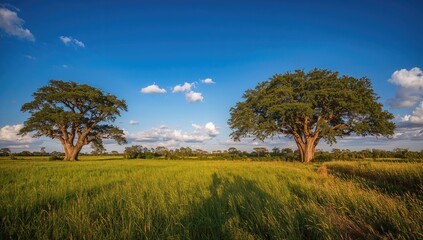 Obraz premium Tall trees standing prominently in an open field, symbolizing natural resilience