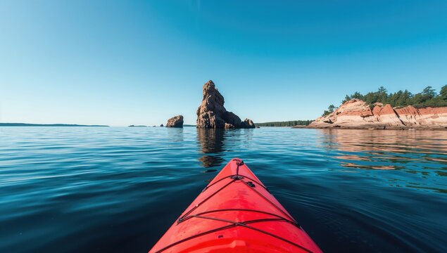 Kayaking in serene waters of an archipelago, showcasing a vibrant outdoor adventure, summer exploration