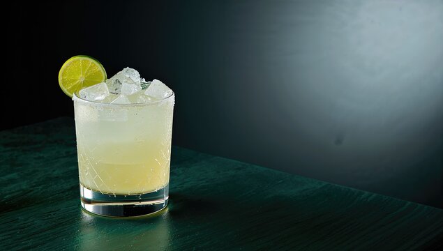 A lime and ice margarita on a dark-wood table with mint-colored accents, ideal for text placement