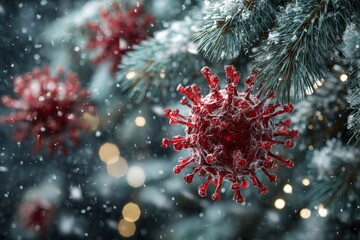 Festive elegance: holiday ornaments in a winter wonderland. Infectious microbes. Subtle twist: burgundy baubles with evergreen in snow. Viral particles. Epidemic spread.