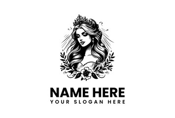 Elegant Portrait Logo Beautiful Woman with Crown and Floral Accents, Ideal for Boutique Branding
