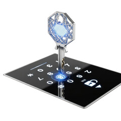 Futuristic digital key inserted into a transparent touchscreen keypad with glowing numbers and a lock icon isolated on a transparent background