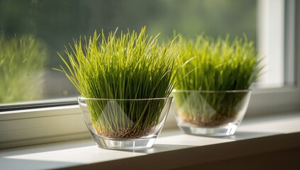 Fototapeta premium Glass bowls filled with wheat grass on a windowsill, highlighting a fiber-dense choice