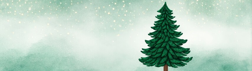 Obraz premium Minimal christmas banner featuring tree silhouette against watercolor winter landscape with golden bokeh lights for holiday greetings