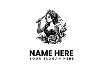 Elegant Bride with Makeup Brush Illustration - Perfect for Beauty and Wedding Services