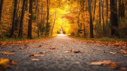 Obraz premium A path through a forest during autumn with vibrant orange and yellow leaves covering the ground and trees