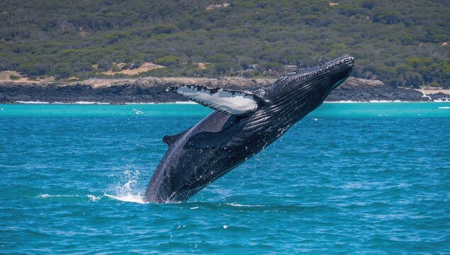 Humpback whale breaches the surface in a rare sighting, showcasing marine life dynamics