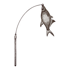 A cat toy fishing rod with fish. Vector image drawn in graphic style.