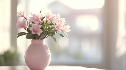 Pink vase that sits on top of a table with pink flowers sunlight from window minimal room decoration.