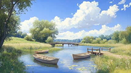 Lake serene with rowboats and old wooden bridges, peaceful water with a fresh environment and a beautiful sky illustration hand paint.