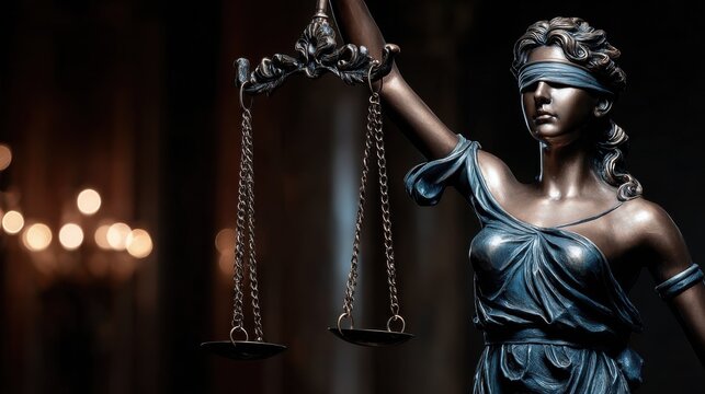 A blindfolded statue of Themis, holding scales, against a dark background. A symbol of justice, fairness, and law.