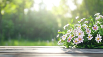 Bunch of wild flowers in a field is arranged on a table front of a natural green background vibrant rustic vintage.