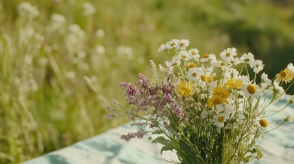 Bunch of wild flowers in a field is arranged on a table front of a natural green background vibrant rustic vintage.