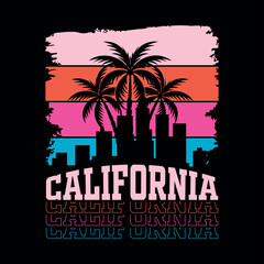 Retro california cityscape with palm trees and vibrant sunset colors
