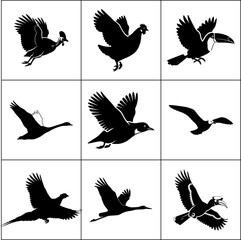 Set of 9 bird silhouettes vector icons. Collection of birds in flight.
