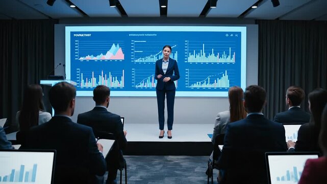 Woman gives presentation on stage. Business leader points to chart on screen. Audience watches with laptop and digital notes. Data chart shows growth trend. Professional meeting in modern office. - Powered by Adobe