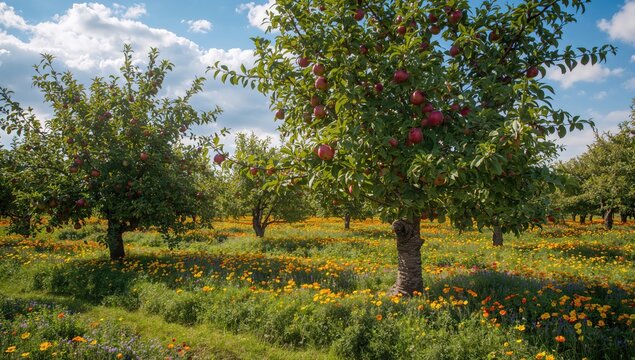 A vibrant apple orchard filled with large red fruits basking in sunlight, showcasing seasonal abundance