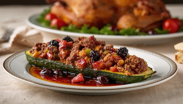 Zucchini filled with minced meat and veggies served with a berry sauce. Close-up shot with shallow depth of field.
