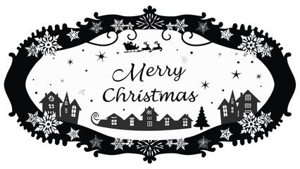 Obraz premium Elegant black and white merry christmas silhouette frame featuring a snowy village and santa claus sleigh