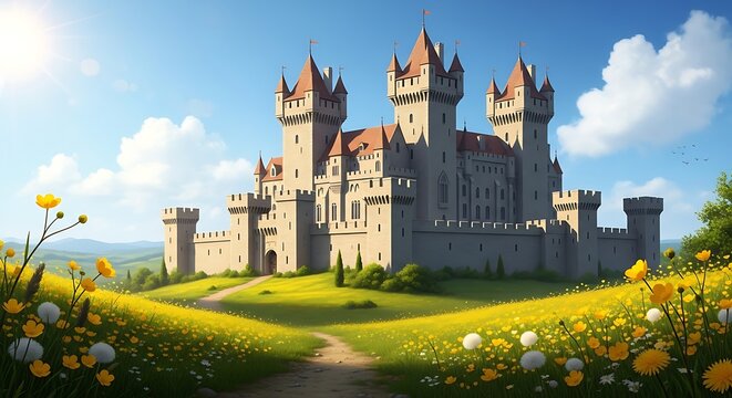 Majestic Medieval Castle on a Sunny Hilltop with Vibrant Wildflowers.