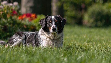 A stray dog lying on the grass in sunlight, exhibiting fatigue