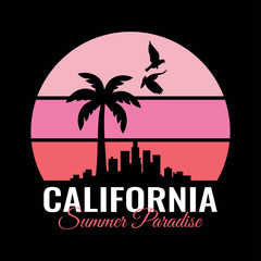 Retro california sunset silhouette with palm trees and city skyline