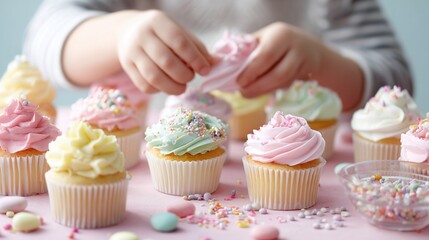 Close-up of hands decorating cupcakes
