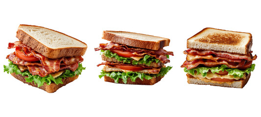 set of classic sandwich with crispy bacon, fresh lettuce, and juicy tomato slices layered between toasted bread isolated on a transparent background