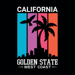 Retro california golden state west coast palm tree silhouette sunset design