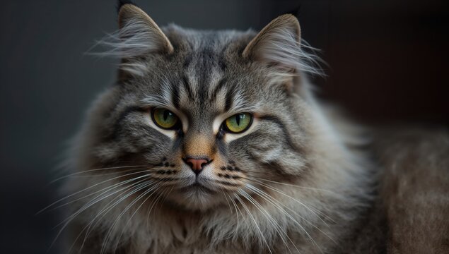 Elegant gray striped tabby cat with emerald green eyes, focus on pet companionship