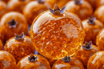 A shiny orange pomegranate-shaped dessert made from clear jelly or agar stands out from the crowd. The gelatinous fruit reveals the seeds inside.