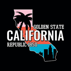 California republic golden state map outline with palm trees and city skyline