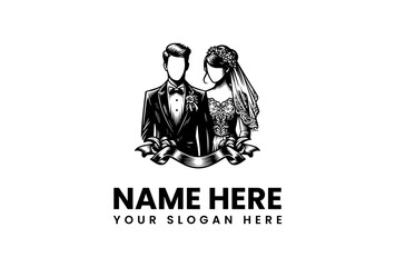 Elegant Wedding Logo Design Featuring a Bride and Groom in Classic Attire