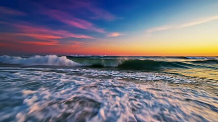 Waves crashing against the shore at sunset, capturing the carefree spirit of beachgoers riding gentle swells as warm golden light casts a serene atmosphere perfect for promoting outdoor.
