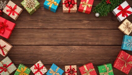 Obraz premium A vibrant assortment of colorful gifts arranged on a wooden surface, ideal for festive celebrations, Christmas