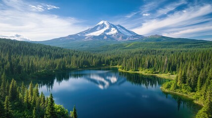 Majestic snowcapped mountain reflected in a calm, clear blue lake surrounded by a dense forest of evergreen trees