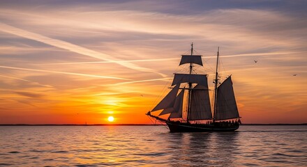 Fototapeta premium Sailing ship at sunset, a beautiful ocean scene with vibrant colors.