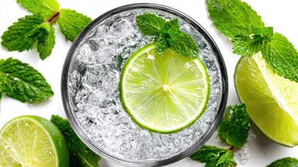 Refreshing drink with ice, lime, and mint leaves.