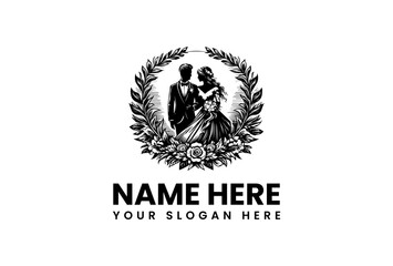 Elegant Wedding Logo Design Featuring Couple in Formal Attire, Floral Wreath and Text Space