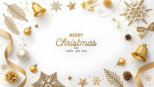 Elegant gold christmas wreath with merry christmas and happy new year text