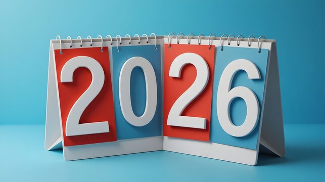 Bold 2026 calendar numbers stand out against a vibrant blue background, symbolizing future planning and new beginnings with a clean, modern aesthetic.