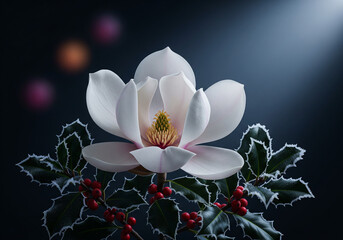 Magnolia Bloom with Holly and Berries