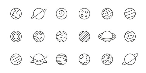 Set of Planet Line Icons. Space Planet, Earth, Moon, Sun and Galaxy. Astronomy Outline Icon Collection. Editable Stroke. Isolated Vector Illustration © Toxa2x2