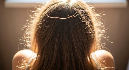 Womans hair illuminated by sunlight, creating a beautiful halo effect.